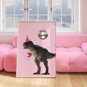 Dinosaurusposter, barwagenafdrukken, eigenzinnige muurkunst, rare muurkunst, funky interieur, cocktailafdrukken, eigenzinnig decor, raar decor, dopamine