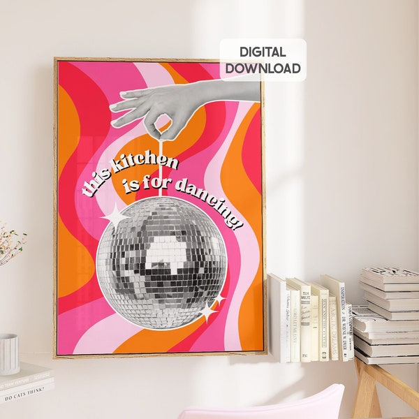 Pink and orange kitchen prints groovy kitchen wall art, disco ball prints, bar cart accessories this kitchen is for dancing funky kitchen