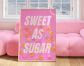Konversationsherzen Druck, Süßigkeitsherzdekor, Rosa Wandkunst, Maximalist-Küche, Rosa Küchenkunst, Preppy Wandkunst, Süßigkeitsmotivendekor