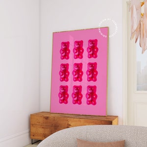 Gummy Bear Art, Candy wall art, Hot pink wall art, Maximalist kitchen prints, Pink kitchen art, Preppy wall art, Candy themed decor funky