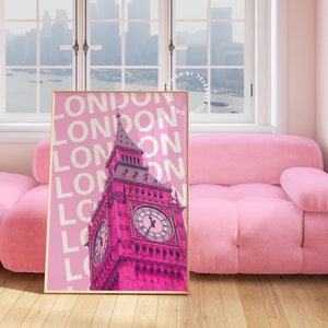 London Poster, Pink London decor, London travel poster, Big Ben poster, Funky home decor, Colorful London poster, Maximalist decor, Quirky