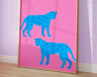 Preppy animal wall art prints, Cheetah wall art leopard prints blue and pink, maximalist wall art, cute animal prints, funky groovy trendy