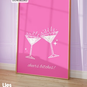 DIGITALE cheers-print, roze barwagenafdrukken, preppy kamerdecor, cocktailprints, barwagenaccessoires, trendy kunst aan de muur, happy hour-kunstafdrukken