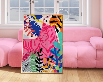 Dopamine decor, tropische muurkunst, Deense pastel, jungle kinderkunst, maximalistische muurkunst, funky art print, tijger kunst aan de muur, eigenzinnig decor