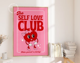 Self Love Club print, Red and pink bedroom decor, Dopamine decor, Danish pastel prints, Maximalist wall art, Self care prints, Girly decor