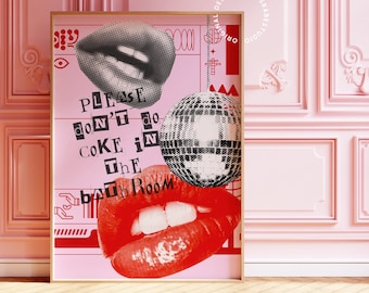 Per favore, non usare la cocaina in bagno, estetica dell'arredamento dell'appartamento, arredamento della stanza indie, stampe funky per il bagno, arte murale massimalista, arte eclettica