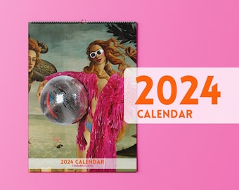 Funny 2024 Feminist Calendar, Fun Classical Altered Art, Maximalist Pink Funky Calendar, Quirky Wall Calendar, Dopamine decor, Disco decor