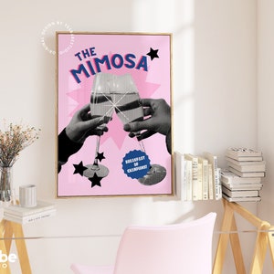 Różowy nadruk na wózek barowy, nadruk na bar Mimosa, estetyczny wystrój mieszkania, nadruki koktajlowe, jasnoróżowa sztuka ścienna, wystrój mieszkania studenckiego, maksymalistyczny