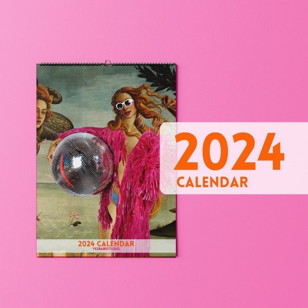 Calendrier féministe drôle 2024, Art modifié classique amusant, Calendrier funky rose maximaliste, Calendrier mural décalé, Décor dopamine, Décor disco