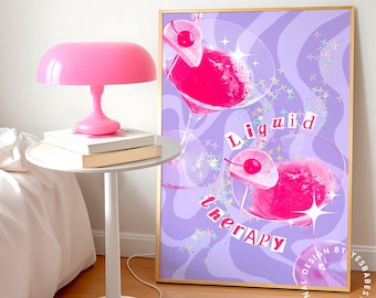 Martini Wandkunst, Cocktail Druck, Barwagen Drucke, Hellviolette Wandkunst, Barwagen Zubehör, Disco Poster, Barwagen Dekor, Y2K Drucke