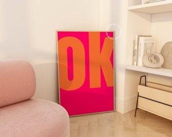 Roze en oranje muurkunst, Dopamine decor, Hete roze muurkunst, Maximalistische muurkunst, Preppy kamerdecor, Gedurfde typografieafdrukken, Eclectisch decor