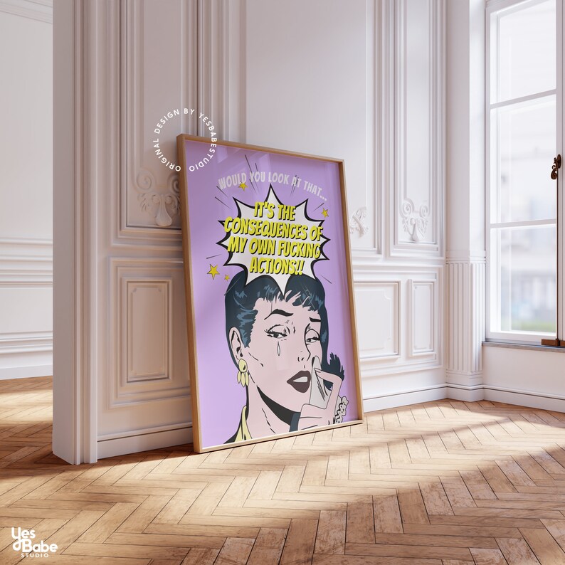 Pop-artprint, dopaminedecor, funky artprint, eigenzinnig decor, maximalistische muurkunst, moderne pop-art, inrichting universiteitsappartement, kunst slaapzaal afbeelding 3
