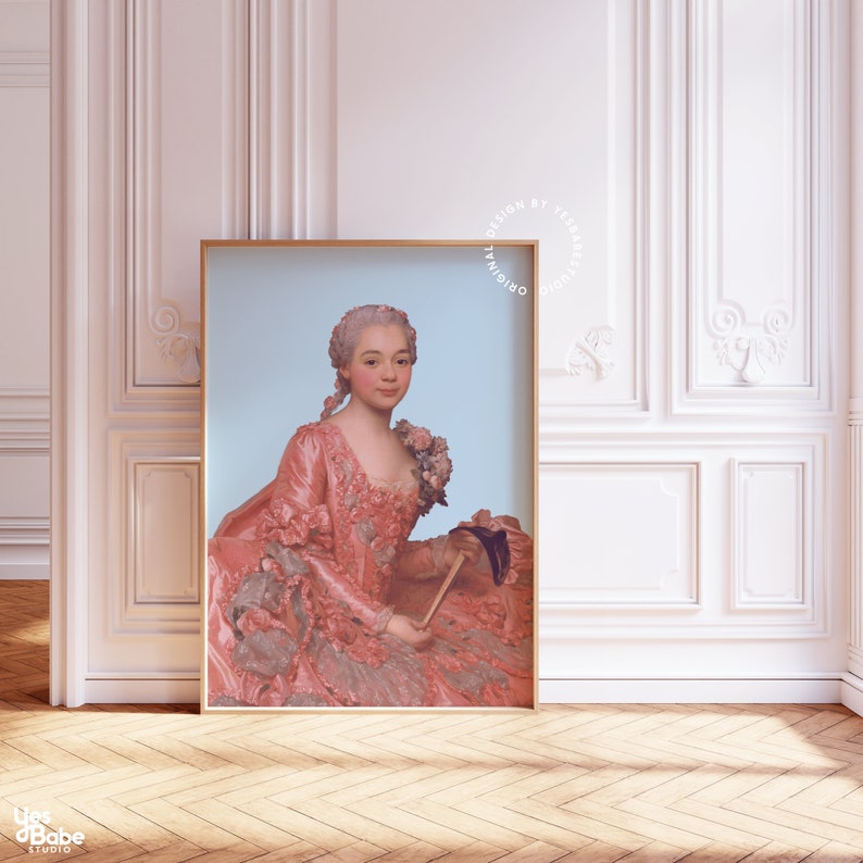 May include: A digital art print of a woman in a pink and white dress with a blue background. The text "ORIGINAL DESIGN BY TESLA STUDIO" is in a circle around the woman's head.
