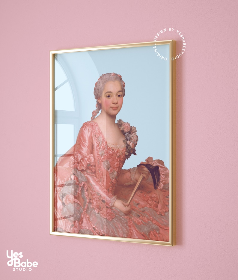 May include: A framed portrait of a woman in a pink and white dress with a blue fan. The background is a light blue colour.