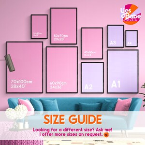 May include: A size guide for art prints with different sizes listed in inches and centimeters. The sizes include 12x18, 20x28, 24x36, 28x40, 16x24, A1, A2, A3, and A4. The text says "Looking for a different size? Ask me! I offer more sizes on request."