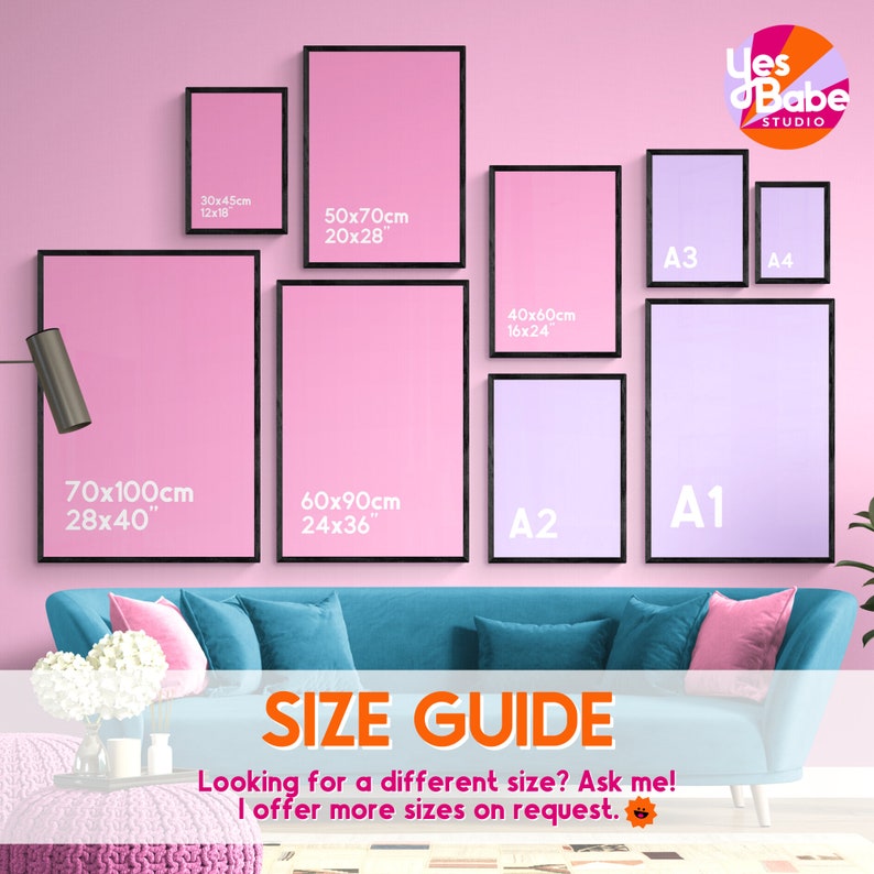 May include: A size guide for art prints with different sizes listed in inches and centimeters. The sizes include 12x18, 20x28, 24x36, 28x40, 16x24, A1, A2, A3, and A4. The text says "Looking for a different size? Ask me! I offer more sizes on request."