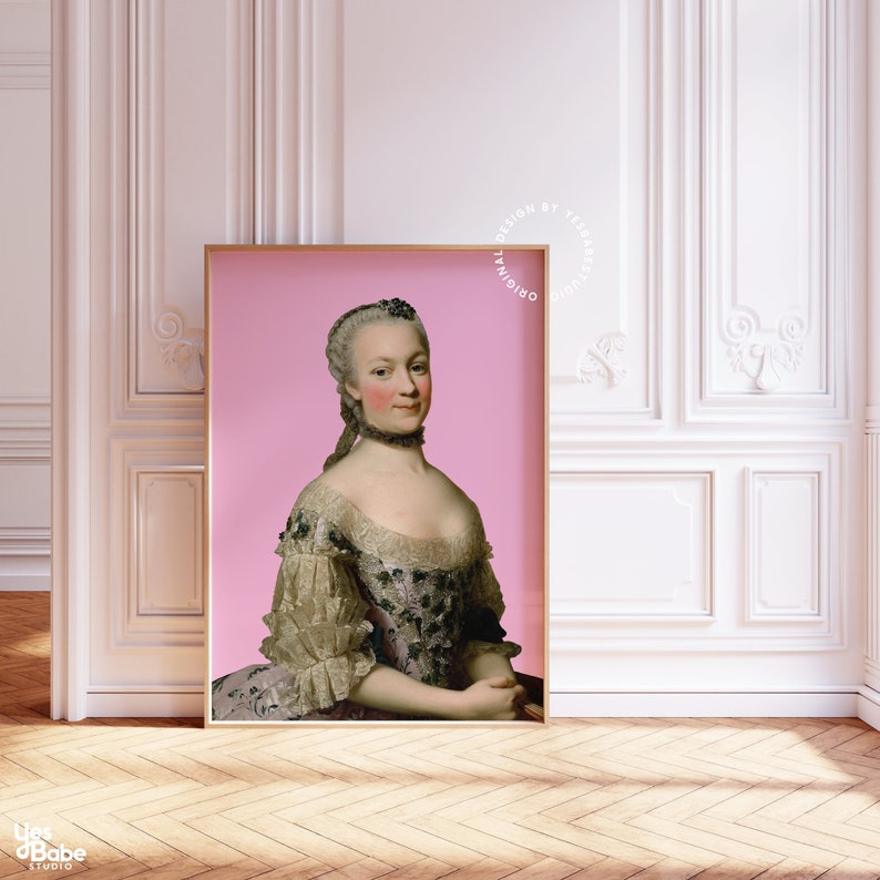 May include: A digital art print featuring a portrait of a woman in a white and black dress with a pink background. The text "ORIGINAL DESIGN BY TESS ART STUDIO" is in a circle around the portrait.