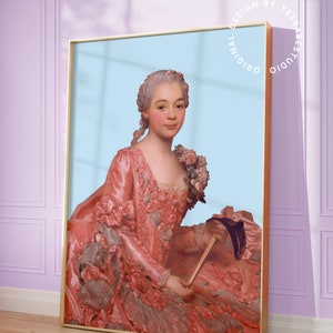 May include: A painting of a woman in a pink dress with floral details, holding a fan. The background is a light blue colour.
