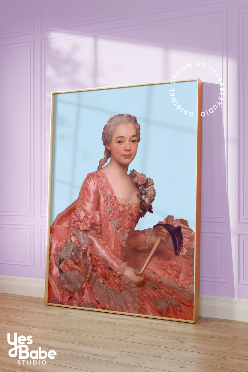 May include: A painting of a woman in a pink dress with floral details, holding a fan. The background is a light blue colour.