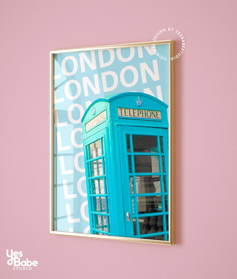 May include: A turquoise blue vintage telephone box with the word "TELEPHONE" printed in white on the front. The box is set against a background of the word "LONDON" repeated in white on a light blue background.