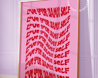Self love wall art, Pink and red decor, maximalist wall art, dopamine decor, dorm decor for college girls, college apartment, ligth pink art