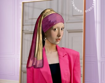Maximalist mit Perlenohrring, Mädchen mit Perlenohrring, Maximalist Art print, Maximalist Bild, verändertes Porträt, Minimalistisches Portrait