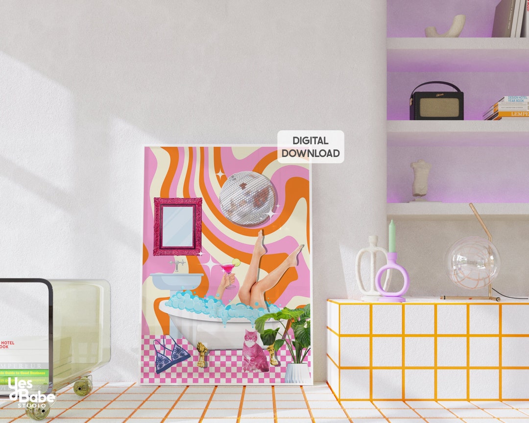 Disco Bathroom Print, Pink and Orange Preppy Bathroom Decor Cute Wall