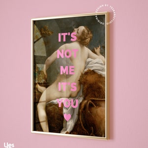 Pu&ograve; includere: Una stampa d'arte incorniciata con un dipinto vintage di una donna in un paesaggio. La stampa ha il testo "It's not me it's you" in lettere rosa con un cuore rosa.