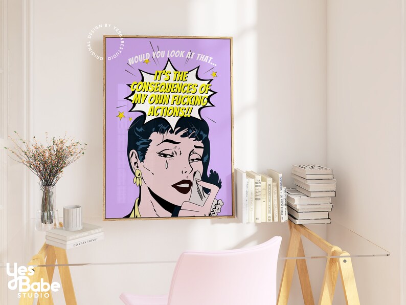 Pop-artprint, dopaminedecor, funky artprint, eigenzinnig decor, maximalistische muurkunst, moderne pop-art, inrichting universiteitsappartement, kunst slaapzaal afbeelding 2