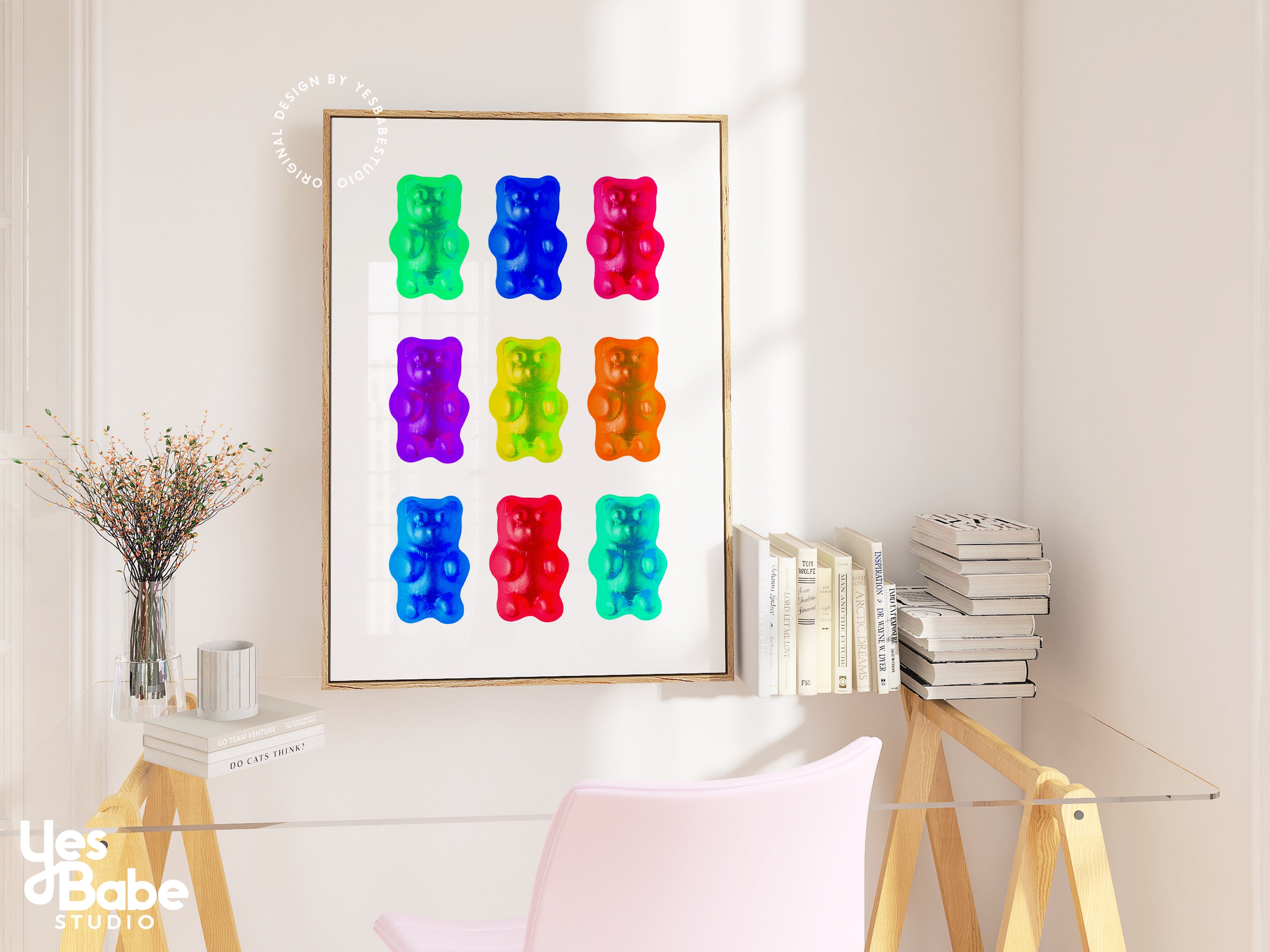 Pink Gummy Bears, Gummy bear decor, Candy wall art, Colorful kitchen art,  Quirky wall art, Pink kitchen poster, Fun kitchen art, Maximalist Art  Board Print for Sale by peachcakecanvas