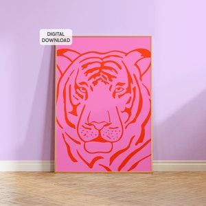 DIGITAL pink and orange tiger print, preppy room decor colorful wall art prints, girly wall art, large printable poster trendy eclectic cute