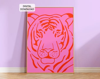 DIGITAL pink and orange tiger print, preppy room decor colorful wall art prints, girly wall art, large printable poster trendy eclectic cute