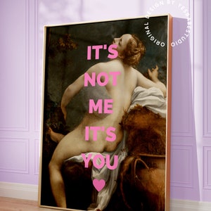 Pu&ograve; includere: Una stampa d'arte incorniciata con un dipinto vintage di una donna in un paesaggio. La stampa ha un testo rosa che dice "It's not me it's you" con un cuore rosa.