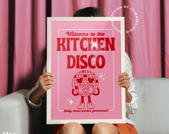 Kitchen Disco print, Red and pink art, Dopamine decor, Danish pastel prints, Maximalist wall art, Retro wall art, Disco ball decor,