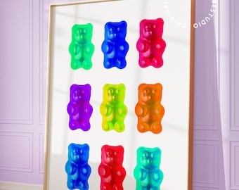 Gummy bear art, Candy wall art, Maximalist wall art, Candy decor, Dopamine decor, Gummy bear poster, Quirky wall art, Weird decor, Funky