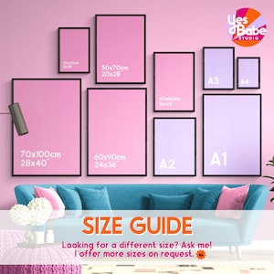 May include: A selection of framed art prints in various sizes, including 30x45cm, 50x70cm, 40x60cm, 60x90cm, and 70x100cm. The prints are displayed against a pink wall above a blue sofa with pink cushions. The image includes the text "SIZE GUIDE".