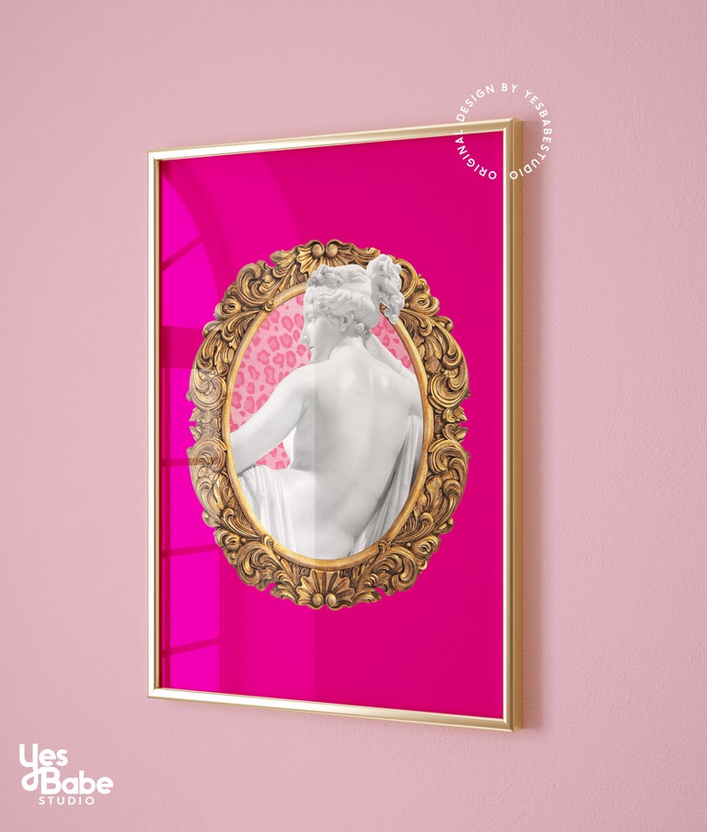 May include: A pink background with a gold ornate frame surrounding a white statue of a woman. The statue is facing away from the viewer and has a leopard print pattern behind it.