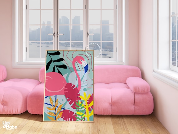 Flamingo art print, Tropical wall art, Dopamine decor, Jungle wall art, Jungle nursery decor, Jungle room decor, Cute flamingo wall art
