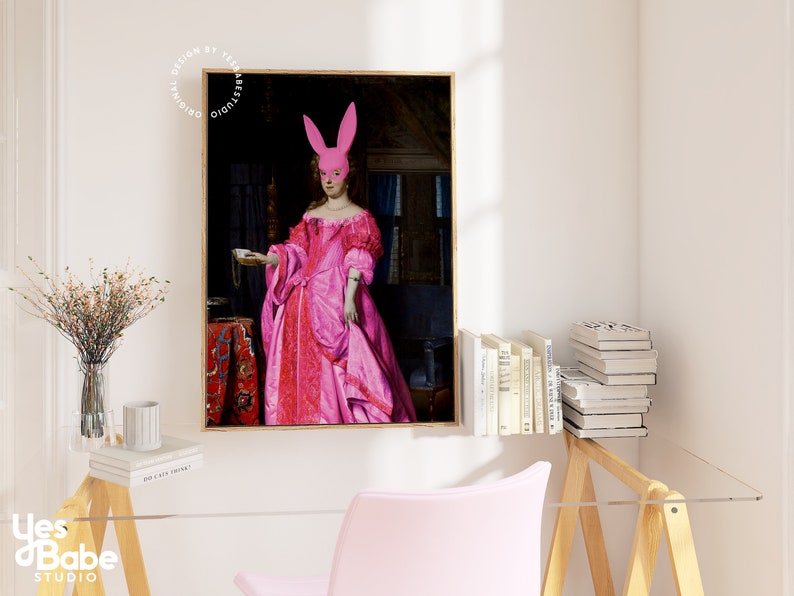 May include: A painting of a woman in a pink dress wearing a pink bunny mask. The woman is holding a small cup in her hand. The painting is set in a dark room with a red rug on the floor.