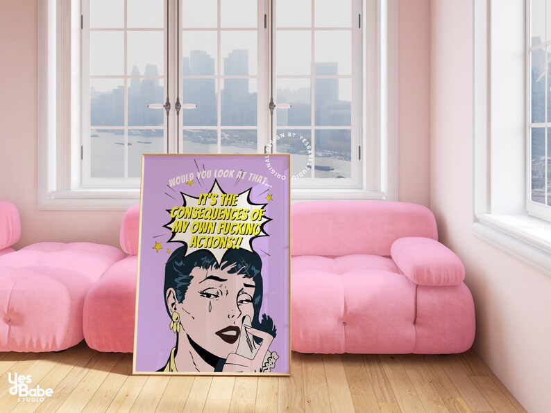 Pop-artprint, dopaminedecor, funky artprint, eigenzinnig decor, maximalistische muurkunst, moderne pop-art, inrichting universiteitsappartement, kunst slaapzaal afbeelding 4