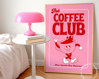 Coffee Club print, Coffee bar decor, Red and pink art, More espresso less depresso poster, Dopamine decor, Danish pastel prints, Kitchen art