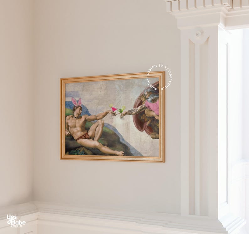 May include: A humorous parody of Michelangelo's "The Creation of Adam" painting, featuring two men in a similar pose, but with bunny ears and holding cocktails instead of touching fingers.