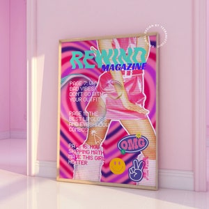 May include: A pink and purple magazine cover with the title "REWIND MAGAZINE" in a turquoise font. The cover features a woman in a pink skirt and a large bubble with a pink and purple swirl design. The text on the cover includes "PAGE 7: WHY BAD VIBES DON'T GO WITH YOUR OUTFIT", "PAGE 11: THE BEST LIPGLOSS AND EYESHADOW COMBOS", and "PAGE 16: HOW SKIPPING MATH MADE THIS GIRL HOTTER".
