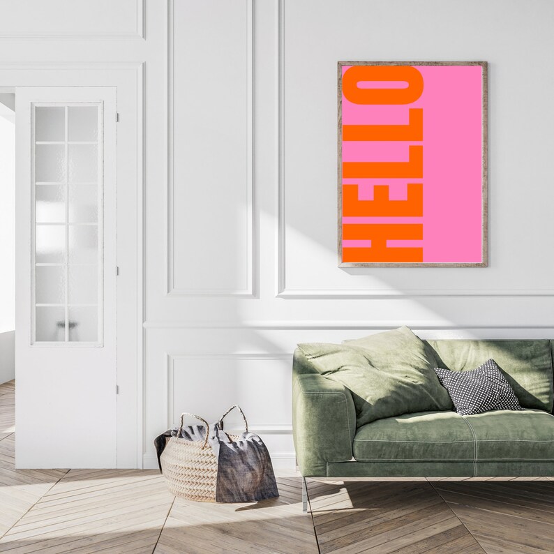 Hello Pink and Orange Wall Art Colorful Room Decor Etsy