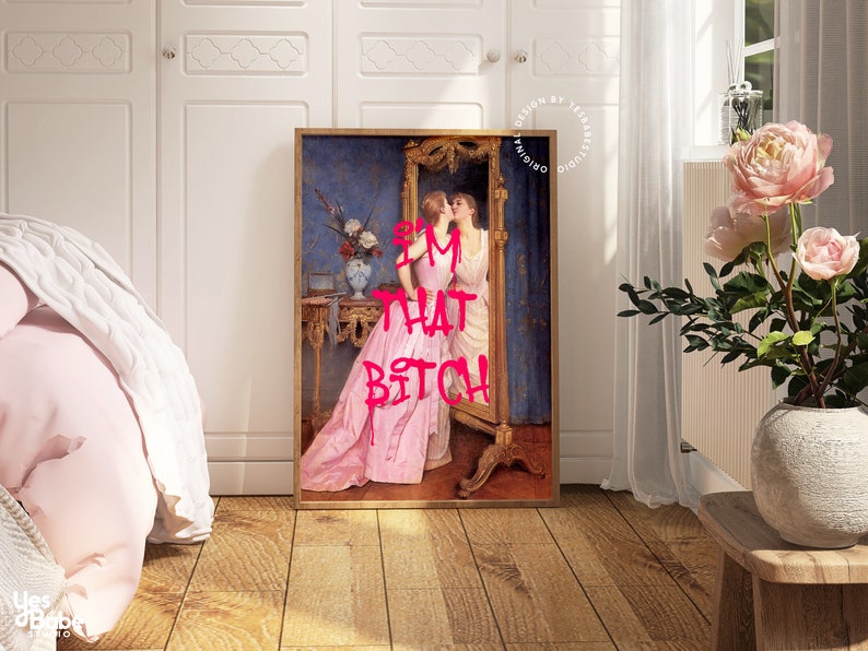 That Bitch print, Altered art print, Feminist wall art, Hot pink wall art, Maximalist art prints, Feminism poster, Coquette wall art, Rococo image 4