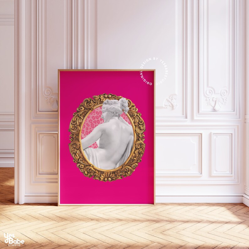 May include: A pink background with a gold ornate frame containing a white marble statue of a woman. The statue is facing away from the viewer and has a pink leopard print pattern behind it.