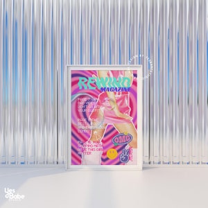 May include: A magazine cover with the title "REWIND MAGAZINE" in a pink, blue, and green font. The cover features a woman wearing a pink skirt and a pink top with a white collar. The cover also features the text "PAGE 7: WHY BAD VIBES DON'T GO WITH YOUR OUTFIT", "PAGE 1: THE BEST LIPGLOSS AND EYESHADOW COMBOS", and "PAGE 16: HOW SKIPPING MATH MADE THIS GIRL HOTTER".