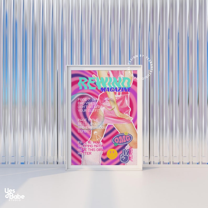 May include: A magazine cover with the title "REWIND MAGAZINE" in a pink, blue, and green font. The cover features a woman wearing a pink skirt and a pink top with a white collar. The cover also features the text "PAGE 7: WHY BAD VIBES DON'T GO WITH YOUR OUTFIT", "PAGE 1: THE BEST LIPGLOSS AND EYESHADOW COMBOS", and "PAGE 16: HOW SKIPPING MATH MADE THIS GIRL HOTTER".