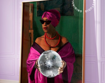 Disco ball prints, Altered art print, Maximalist wall art, Disco room decor, Disco wall art, Altered portrait, Funky wall art, Hot pink art