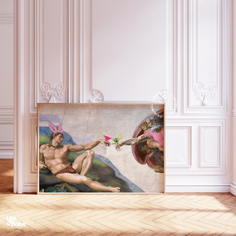 May include: A humorous art print featuring a recreation of Michelangelo's "The Creation of Adam" painting. The figures are depicted with bunny ears and holding cocktails.